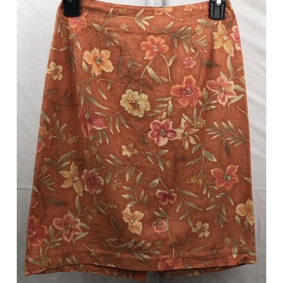 Talbots Pencil Skirt Women Petite 2P Orange Floral Linen Cotton Blend Zip Close - Picture 1 of 12